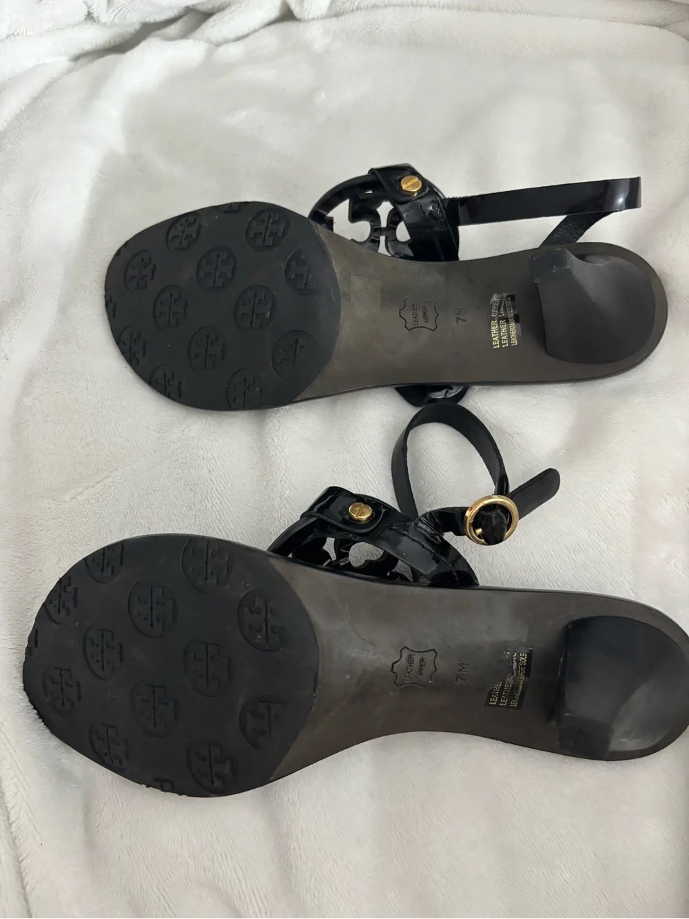 Tory Burch Black Patent Logo Thong Sandals with Gold Hardware